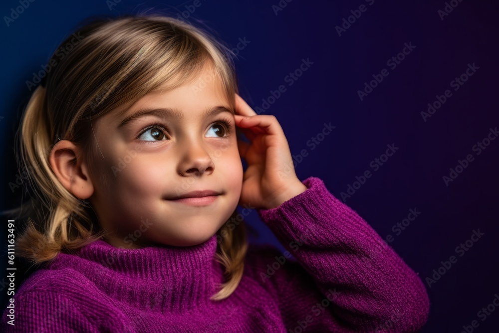 Headshot portrait photography of a glad kid female making a i'm listening gesture with the hand on the ear against a deep purple background. With generative AI technology Headshot portrait photography of a glad kid female making a i'm listening gesture with the hand on the ear against a deep purple background. With generative AI technology