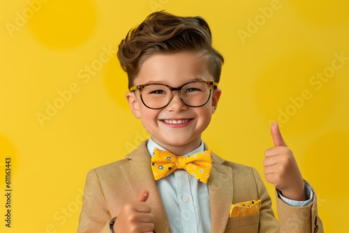 Medium shot portrait photography of a grinning kid male making a formal greeting gesture with a bow against a lemon yellow background. With generative AI technology