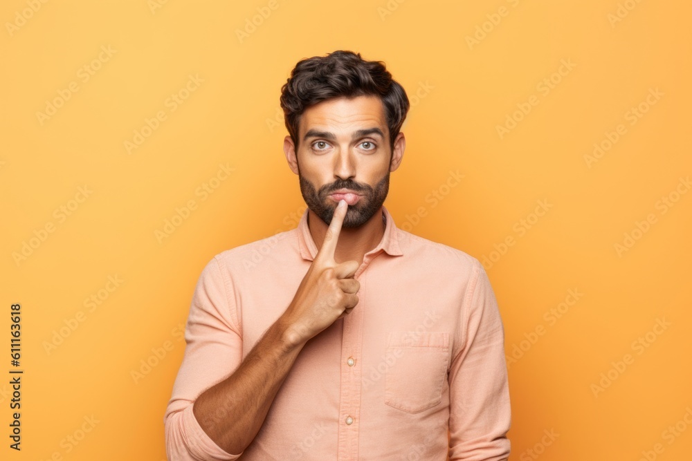 Lifestyle portrait photography of a happy boy in his 30s making a silence gesture by putting the index finger on the lips against a pastel orange background. With generative AI technology Lifestyle portrait photography of a happy boy in his 30s making a silence gesture by putting the index finger on the lips against a pastel orange background. With generative AI technology