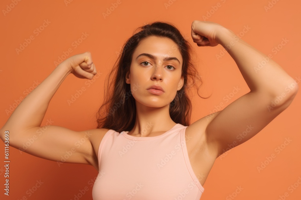 Fototapeta premium Close-up portrait photography of a glad girl in her 20s making a i'm strong gesture showing muscles against a pastel orange background. With generative AI technology