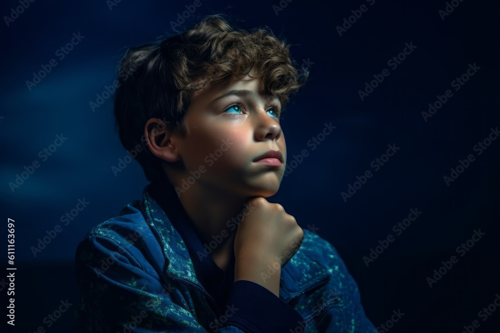 Photography in the style of pensive portraiture of a glad kid male crossing the arms against a deep sea-blue background. With generative AI technology