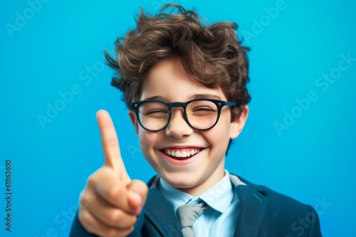 Headshot portrait photography of a joyful boy in his 30s making an ok gesture with the fingers against a sky-blue background. With generative AI technology