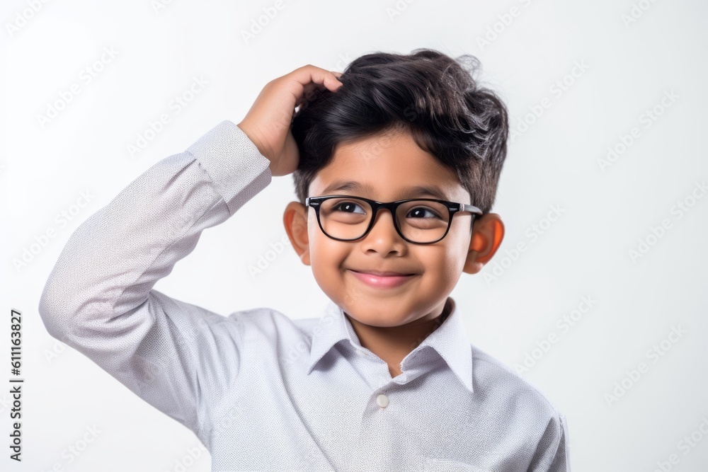 Lifestyle portrait photography of a happy kid male scratching one's head in a gesture of confusion against a pearl white background. With generative AI technology
