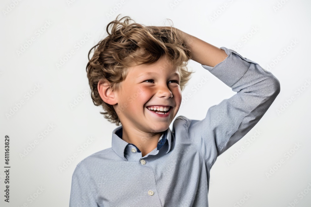 Lifestyle portrait photography of a happy kid male scratching one's head in a gesture of confusion against a pearl white background. With generative AI technology Lifestyle portrait photography of a happy kid male scratching one's head in a gesture of confusion against a pearl white background. With generative AI technology