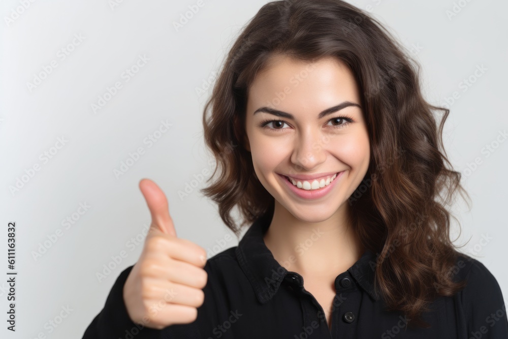 Close-up portrait photography of a grinning girl in her 30s showing a thumb up against a pearl white background. With generative AI technology Close-up portrait photography of a grinning girl in her 30s showing a thumb up against a pearl white background. With generative AI technology