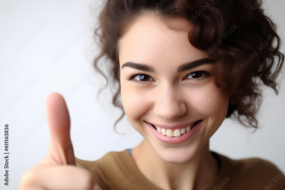 Close-up portrait photography of a grinning girl in her 30s showing a thumb up against a pearl white background. With generative AI technology Close-up portrait photography of a grinning girl in her 30s showing a thumb up against a pearl white background. With generative AI technology