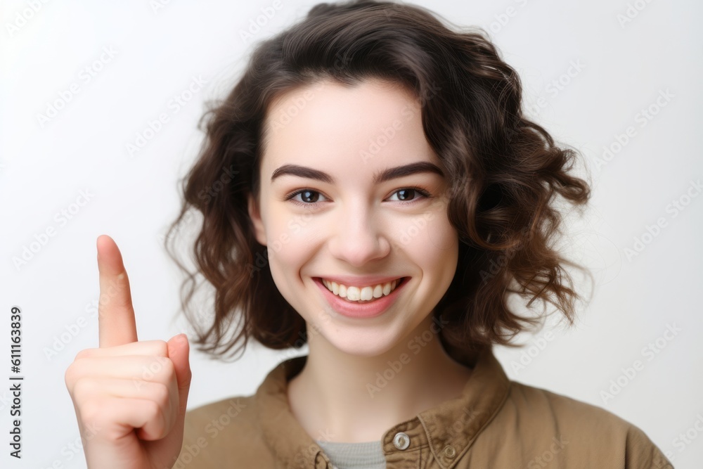 Close-up portrait photography of a grinning girl in her 30s showing a thumb up against a pearl white background. With generative AI technology Close-up portrait photography of a grinning girl in her 30s showing a thumb up against a pearl white background. With generative AI technology