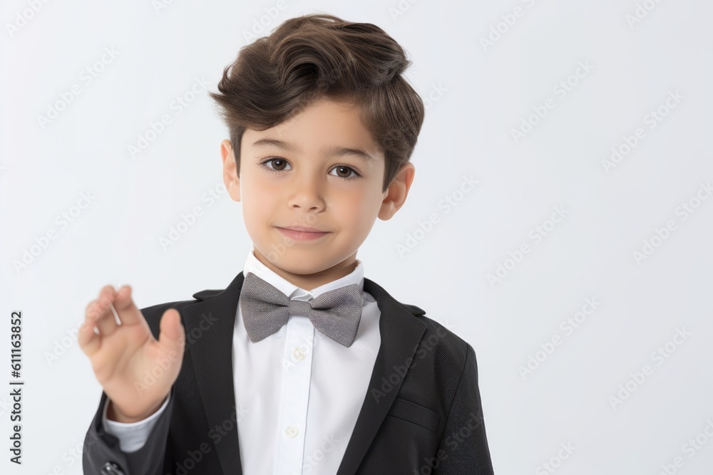 Medium shot portrait photography of a glad boy in his 30s making a formal greeting gesture with a bow against a pearl white background. With generative AI technology Medium shot portrait photography of a glad boy in his 30s making a formal greeting gesture with a bow against a pearl white background. With generative AI technology