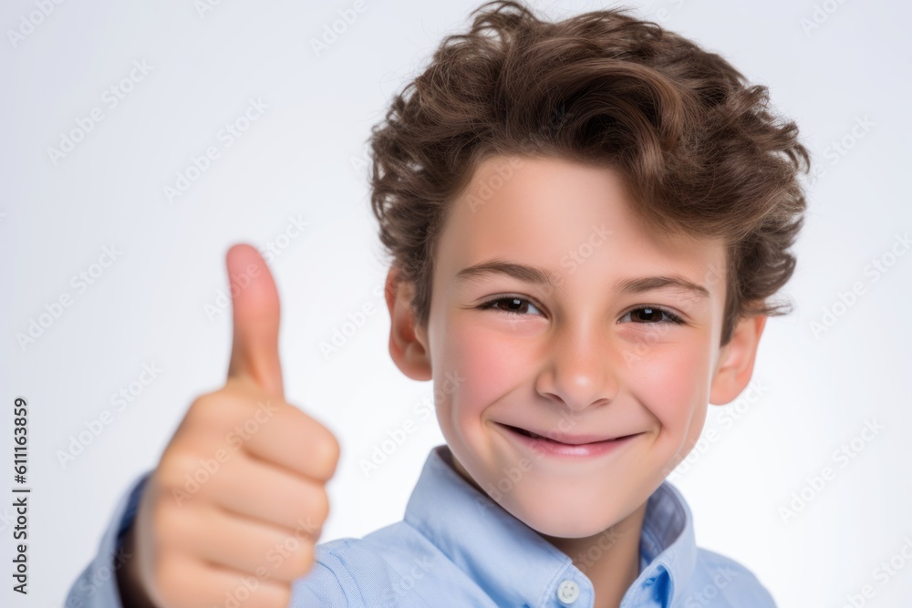 Close-up portrait photography of a joyful boy in his 20s showing a thumb up against a pearl white background. With generative AI technology Close-up portrait photography of a joyful boy in his 20s showing a thumb up against a pearl white background. With generative AI technology