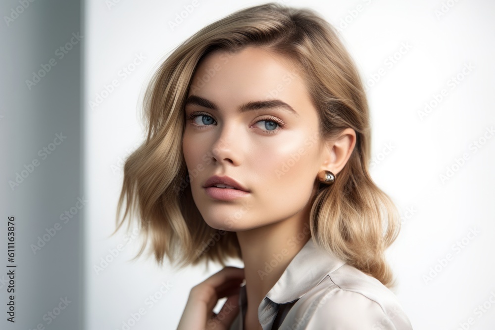 Photography in the style of pensive portraiture of a satisfied girl in her 20s covering one's ears against a pearl white background. With generative AI technology Photography in the style of pensive portraiture of a satisfied girl in her 20s covering one's ears against a pearl white background. With generative AI technology