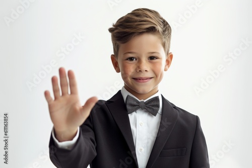 Medium shot portrait photography of a glad boy in his 30s making a formal greeting gesture with a bow against a pearl white background. With generative AI technology