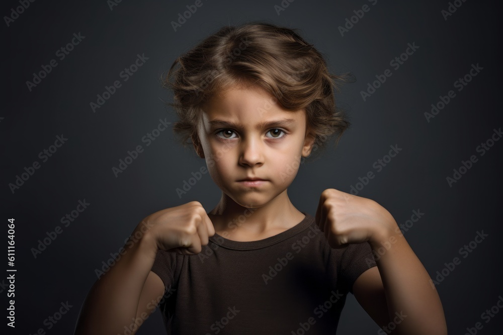 Headshot portrait photography of a glad kid female making a i'm strong gesture showing muscles against a cool gray background. With generative AI technology Headshot portrait photography of a glad kid female making a i'm strong gesture showing muscles against a cool gray background. With generative AI technology