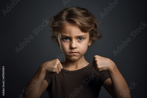 Headshot portrait photography of a glad kid female making a i'm strong gesture showing muscles against a cool gray background. With generative AI technology