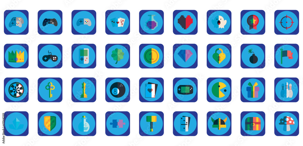 set of vector video game icons with with blue background set of vector video game icons with with blue background