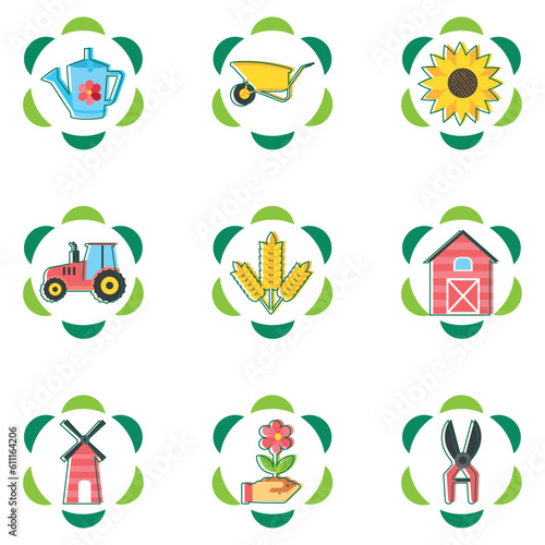 set of agriculture vector icons with green border