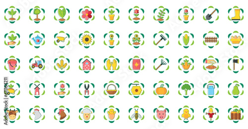 set of agriculture vector icons with green border