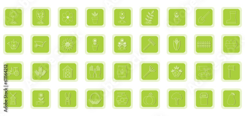 set of agriculture vector icons with green background and white lines