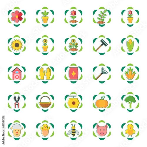 set of farm vector icons with green lines and white background