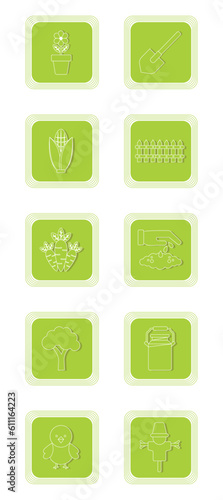 set of agriculture vector icons with green background and white lines