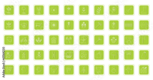 set of agriculture vector icons with green background and white lines