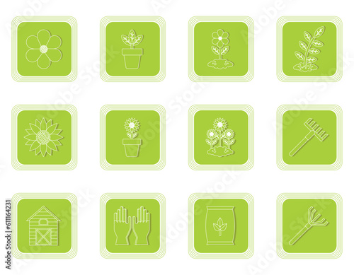 set of agriculture vector icons with green background and white lines