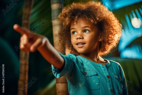 Medium shot portrait photography of a glad kid female pointing down against a tropical teal background. With generative AI technology
