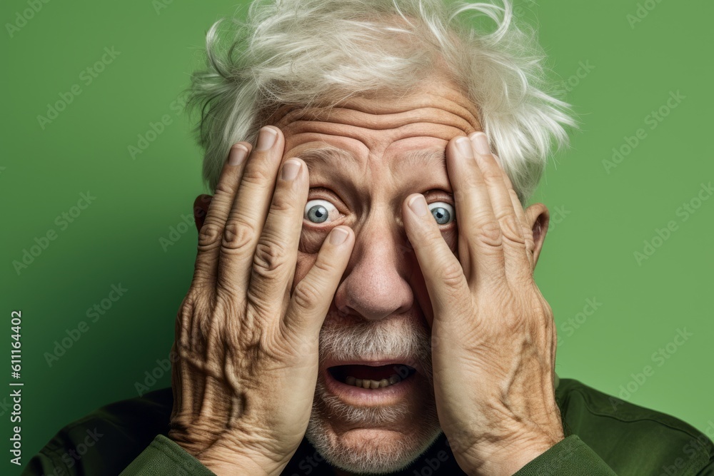 Close-up portrait photography of a glad mature man putting hands on the face in a gesture of terror against a pistachio green background. With generative AI technology Close-up portrait photography of a glad mature man putting hands on the face in a gesture of terror against a pistachio green background. With generative AI technology