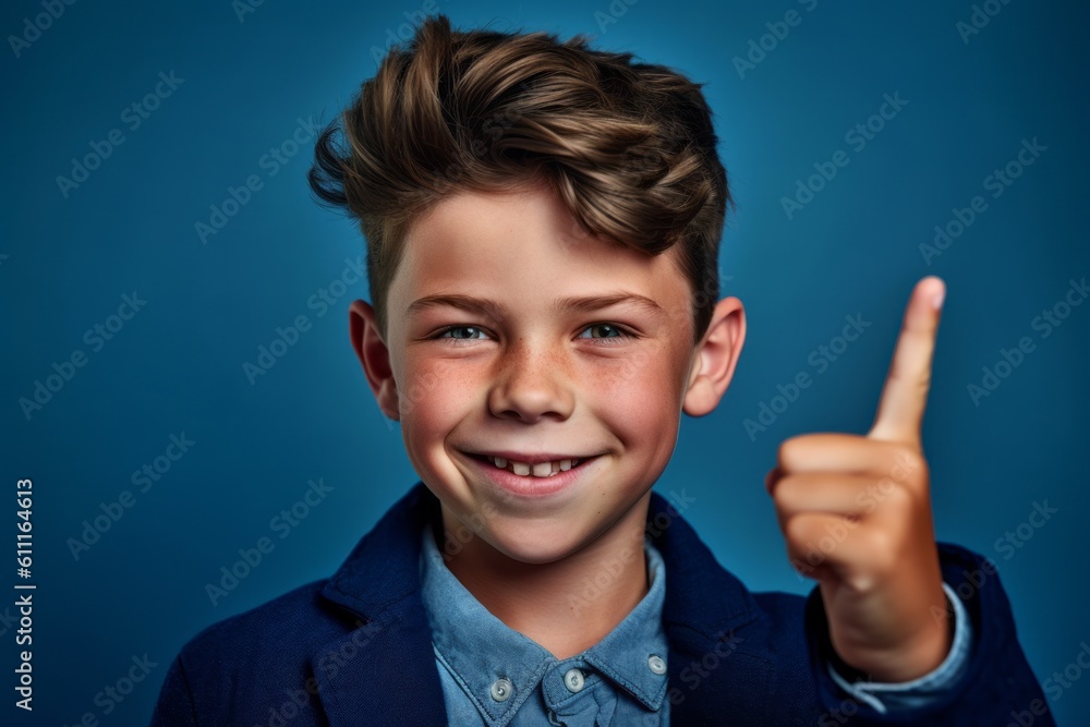 Headshot portrait photography of a grinning boy in his 30s making a peace gesture with two fingers against a sapphire blue background. With generative AI technology Headshot portrait photography of a grinning boy in his 30s making a peace gesture with two fingers against a sapphire blue background. With generative AI technology