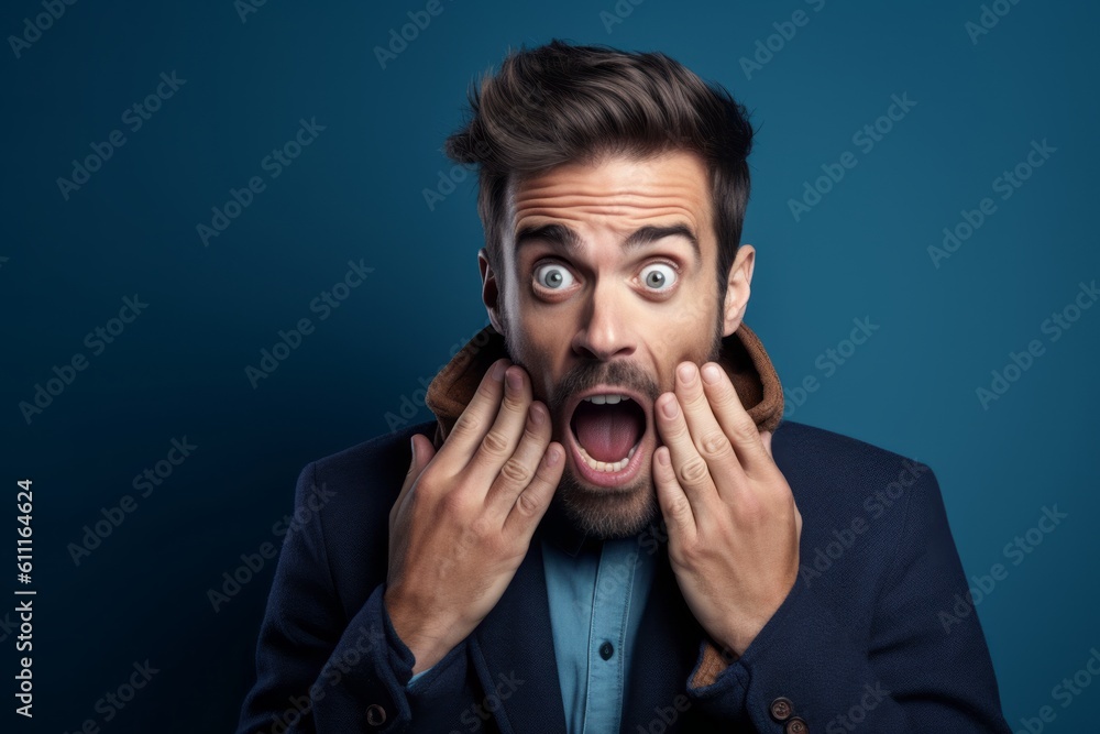 Medium shot portrait photography of a glad boy in his 30s making a surprise gesture by covering one's mouth against a sapphire blue background. With generative AI technology Medium shot portrait photography of a glad boy in his 30s making a surprise gesture by covering one's mouth against a sapphire blue background. With generative AI technology