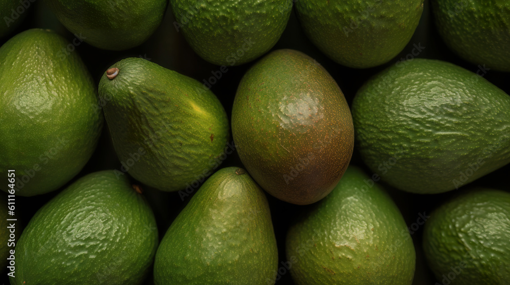 Close up of pile of ripe avocados. Fresh ripe large avocados with water drops, green avocados background. Realistic 3D illustration. Generative AI Close up of pile of ripe avocados. Fresh ripe large avocados with water drops, green avocados background. Realistic 3D illustration. Generative AI
