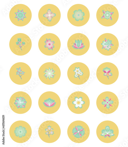 vector icon set of flower inside a circle with yellow background
