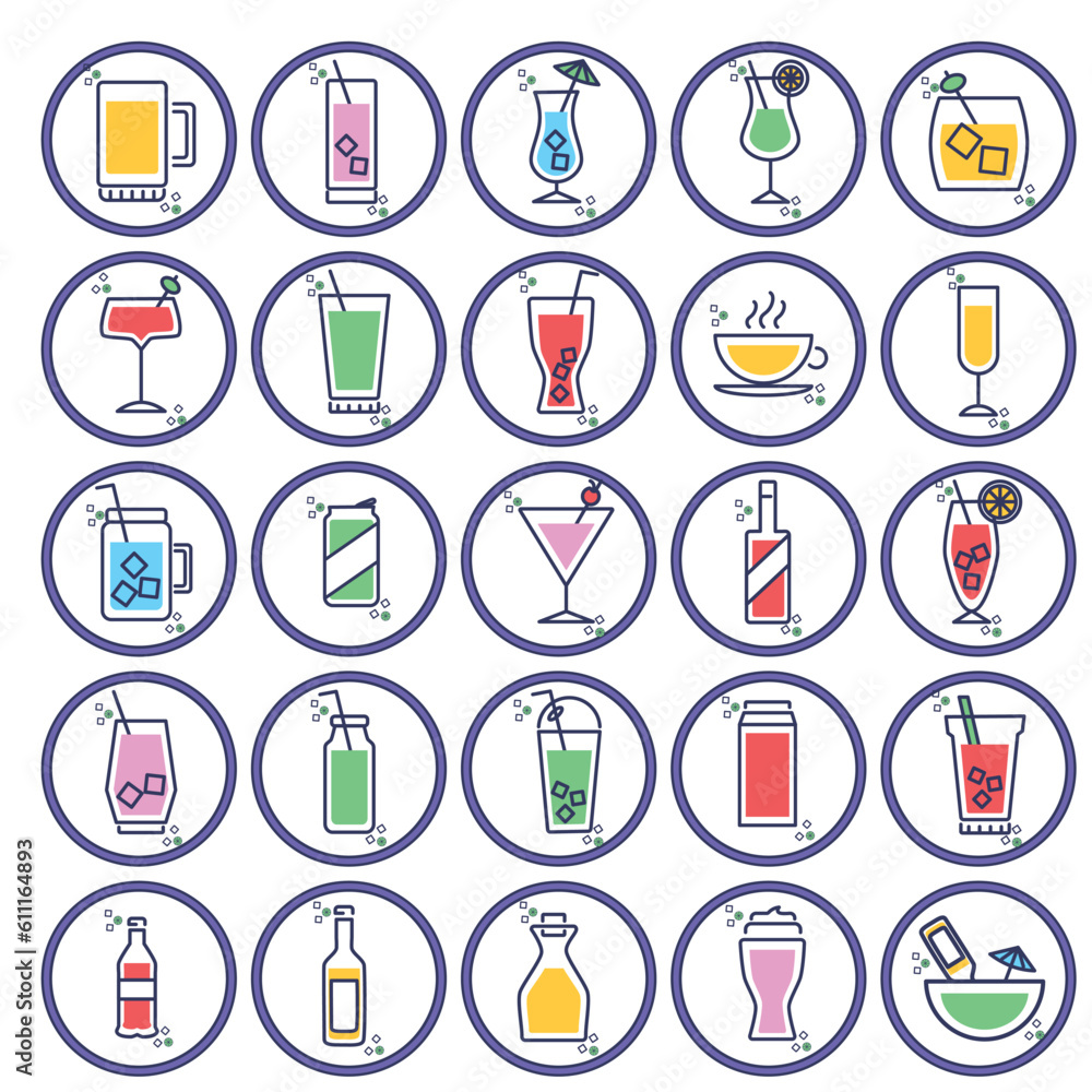 vector icon set of cups and glasses with liquid inside