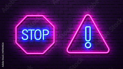 Neon warning signs: stop in the octagon and exclamation mark in the polygon. Bright blue and pink forbidding icons.