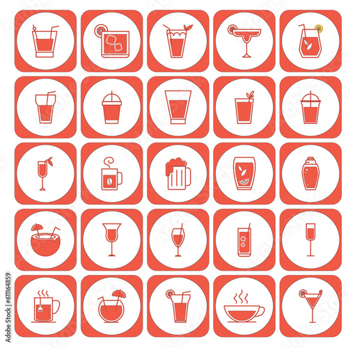 vector icon set of cups and glasses with liquid inside