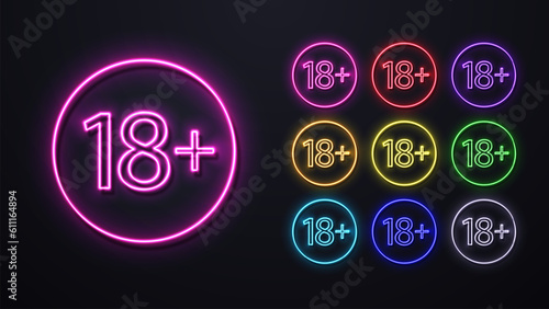 A set of 18 neon icons in a bright glowing circle. Logo for a sex shop. A forbidding sign for minors.