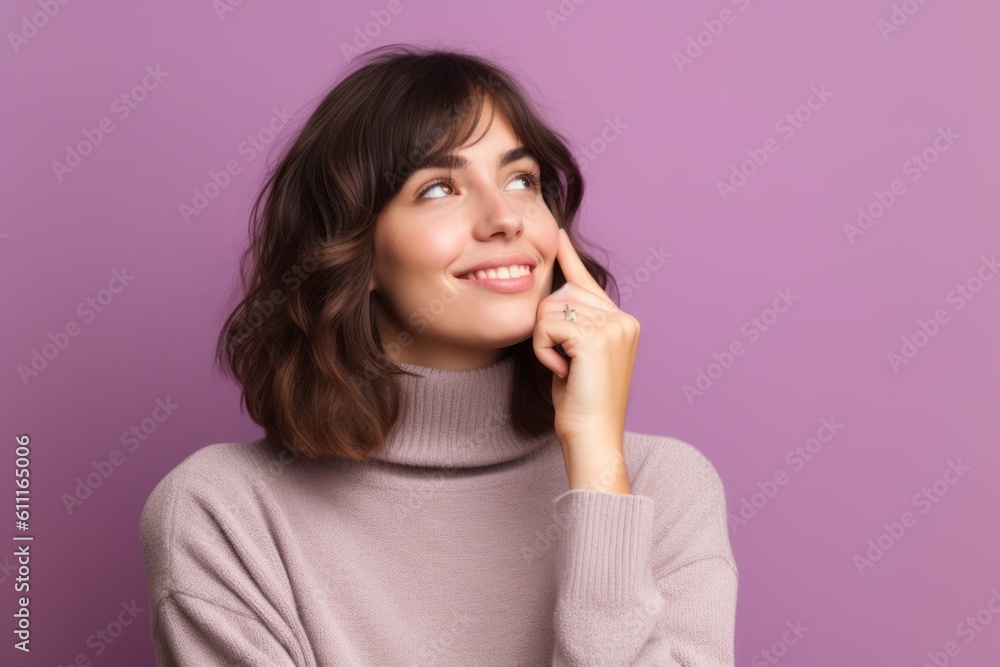 Medium shot portrait photography of a grinning girl in her 20s putting the hand on the chin as if thinking against a lilac purple background. With generative AI technology Medium shot portrait photography of a grinning girl in her 20s putting the hand on the chin as if thinking against a lilac purple background. With generative AI technology