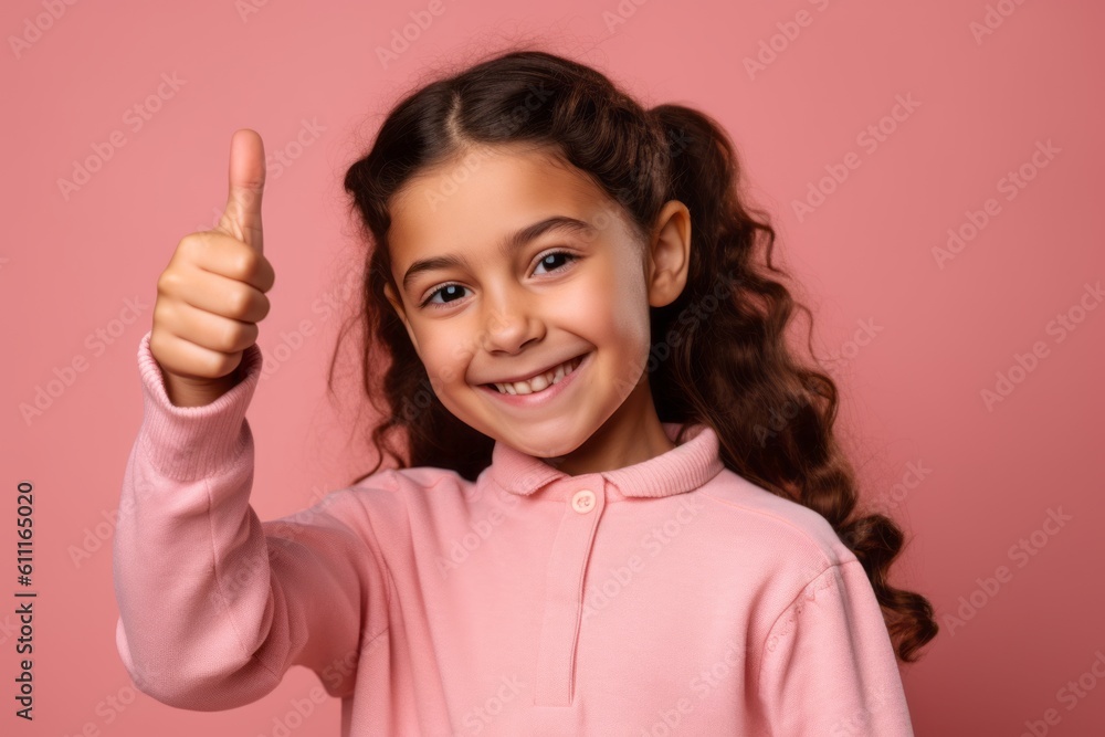 Close-up portrait photography of a grinning kid female showing a thumb up against a coral pink background. With generative AI technology Close-up portrait photography of a grinning kid female showing a thumb up against a coral pink background. With generative AI technology