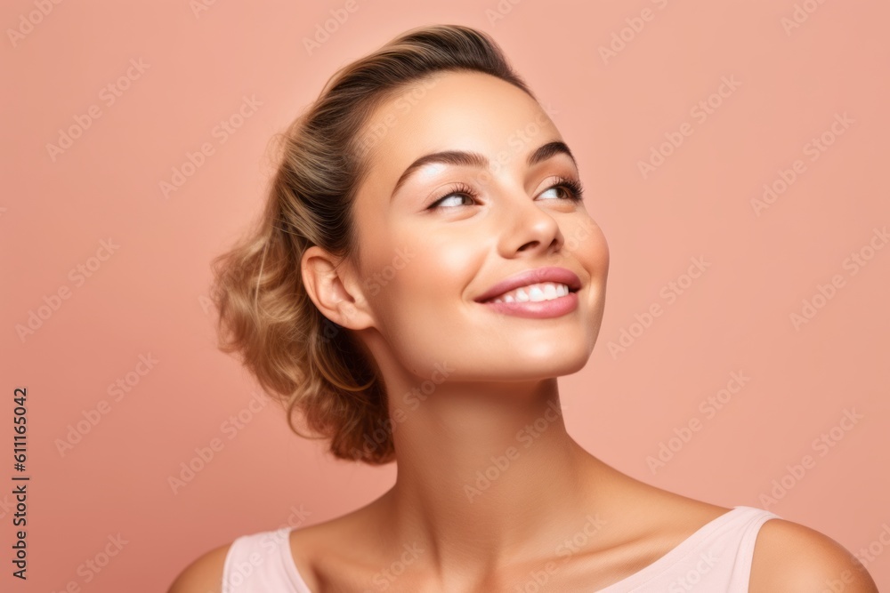 Headshot portrait photography of a satisfied girl in her 30s blowing a kiss against a coral pink background. With generative AI technology Headshot portrait photography of a satisfied girl in her 30s blowing a kiss against a coral pink background. With generative AI technology