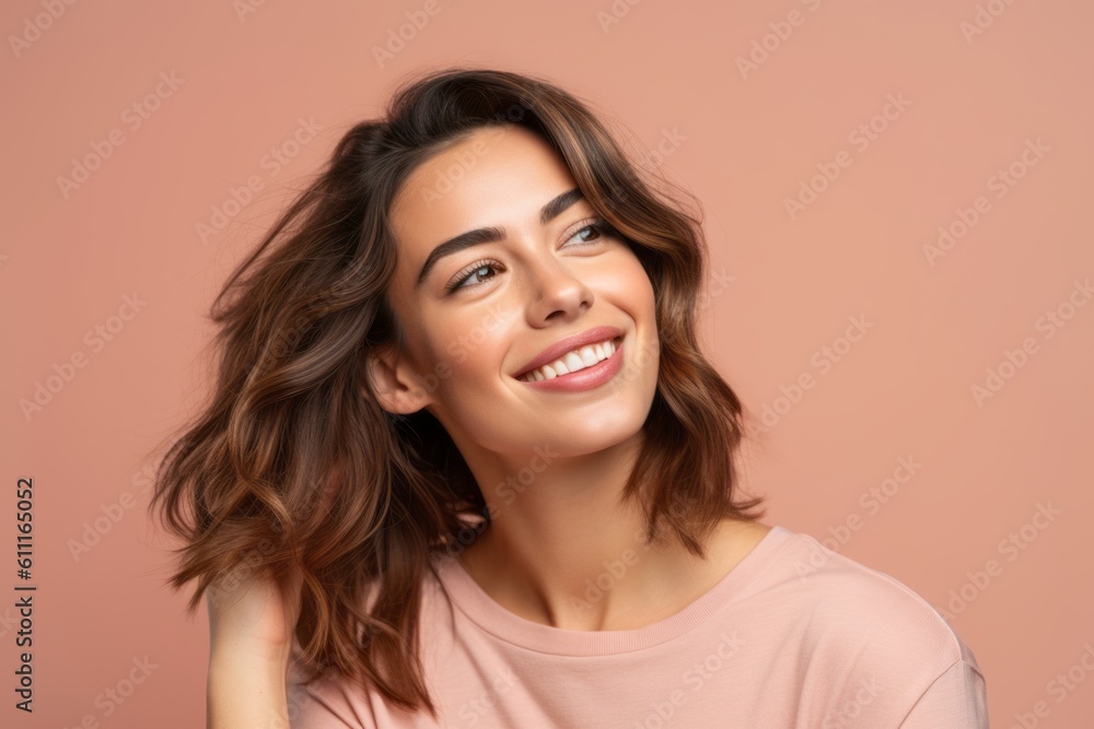 Headshot portrait photography of a satisfied girl in her 30s pointing down against a coral pink background. With generative AI technology Headshot portrait photography of a satisfied girl in her 30s pointing down against a coral pink background. With generative AI technology