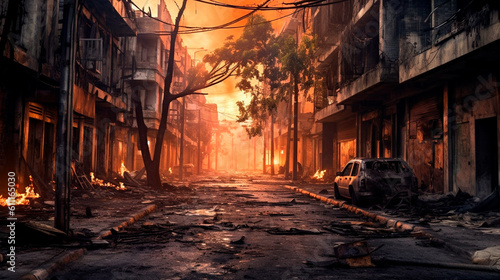 A burned city street with no life. Generative AI illustrator