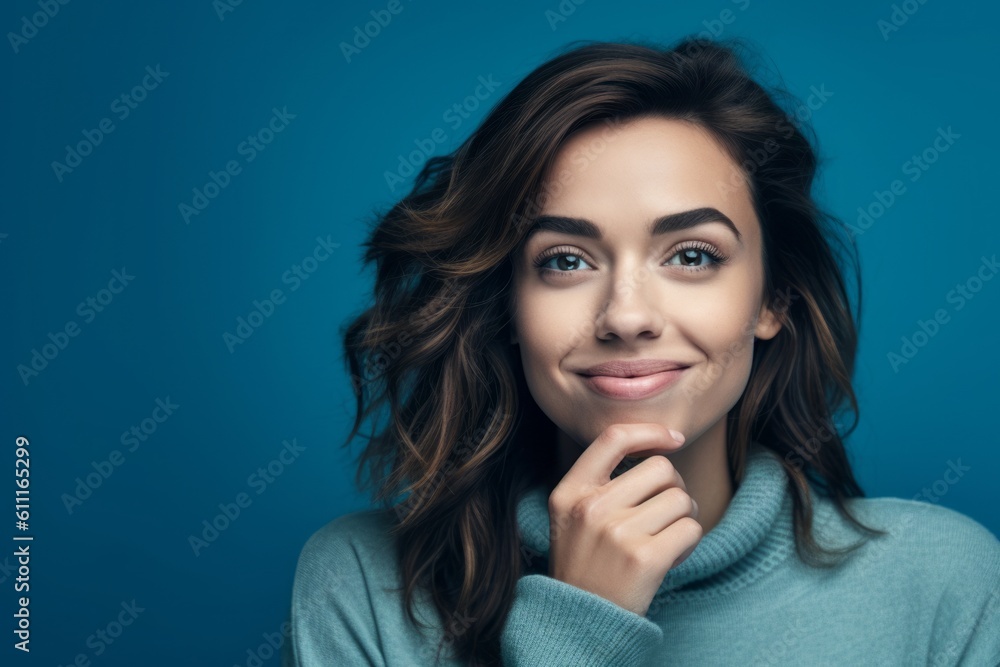 Close-up portrait photography of a satisfied girl in her 30s covering one's mouth against a cerulean blue background. With generative AI technology Close-up portrait photography of a satisfied girl in her 30s covering one's mouth against a cerulean blue background. With generative AI technology