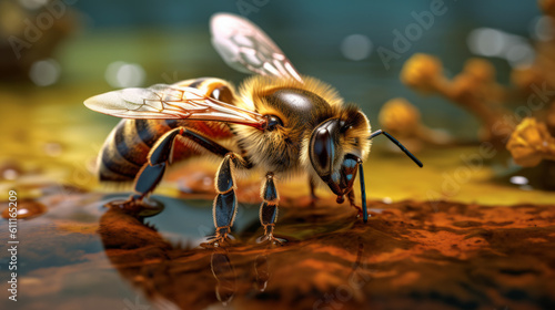 A bee drinking from a water puddle. Generative ai