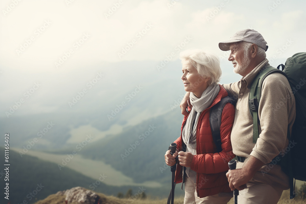 Senior couple hiking in the mountains, copyspace. Generative AI