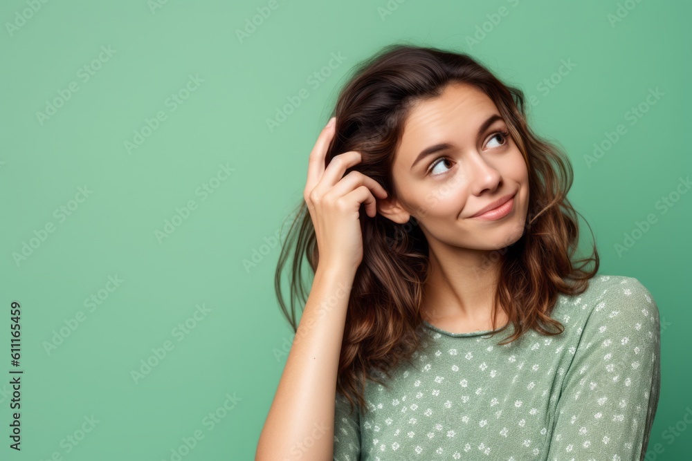 Medium shot portrait photography of a satisfied girl in her 30s scratching one's head in a gesture of confusion against a spearmint green background. With generative AI technology Medium shot portrait photography of a satisfied girl in her 30s scratching one's head in a gesture of confusion against a spearmint green background. With generative AI technology