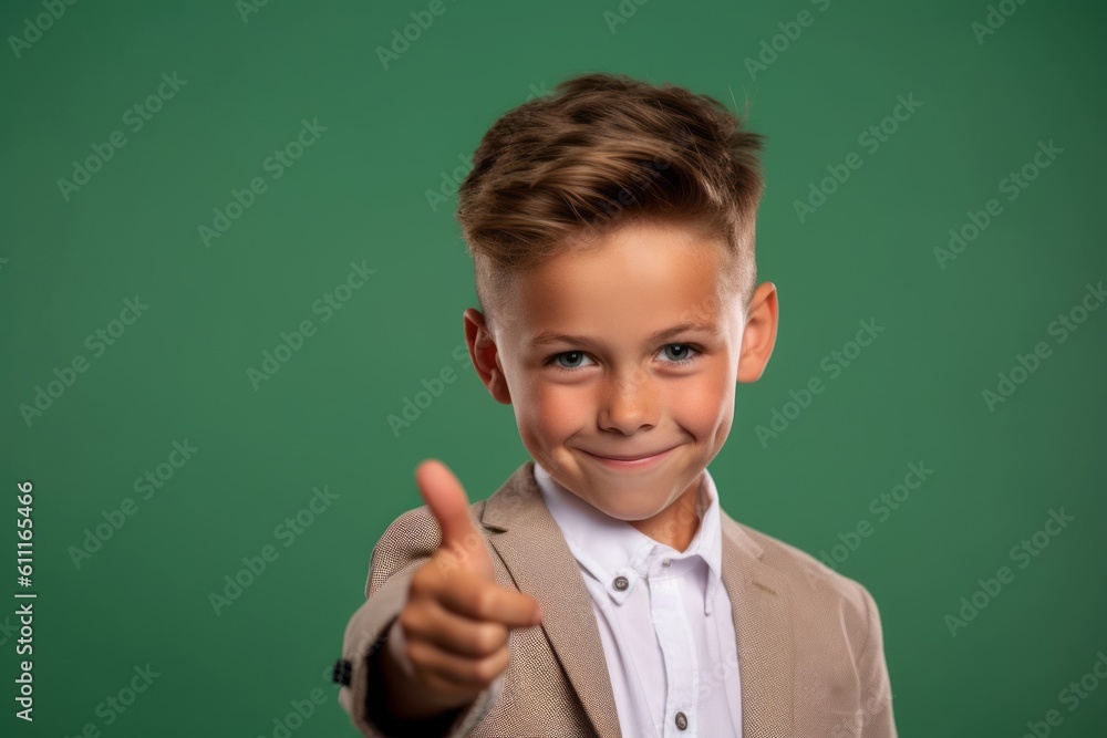 Medium shot portrait photography of a grinning boy in his 30s making a i'm thinking gesture with the finger on the temple against a spearmint green background. With generative AI technology Medium shot portrait photography of a grinning boy in his 30s making a i'm thinking gesture with the finger on the temple against a spearmint green background. With generative AI technology