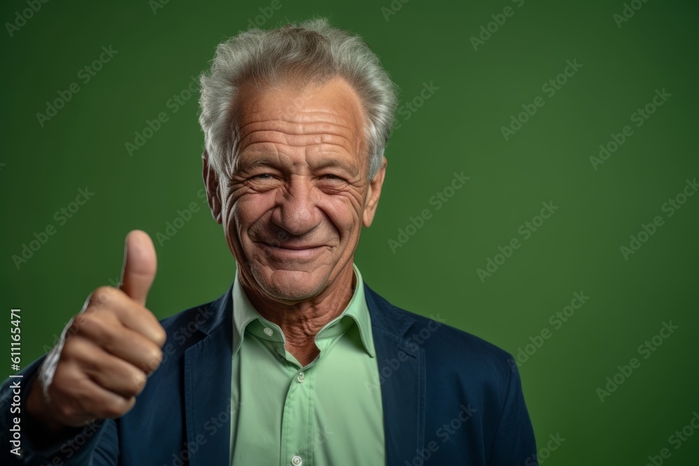 Headshot portrait photography of a grinning mature man showing a thumb up against a spearmint green background. With generative AI technology Headshot portrait photography of a grinning mature man showing a thumb up against a spearmint green background. With generative AI technology