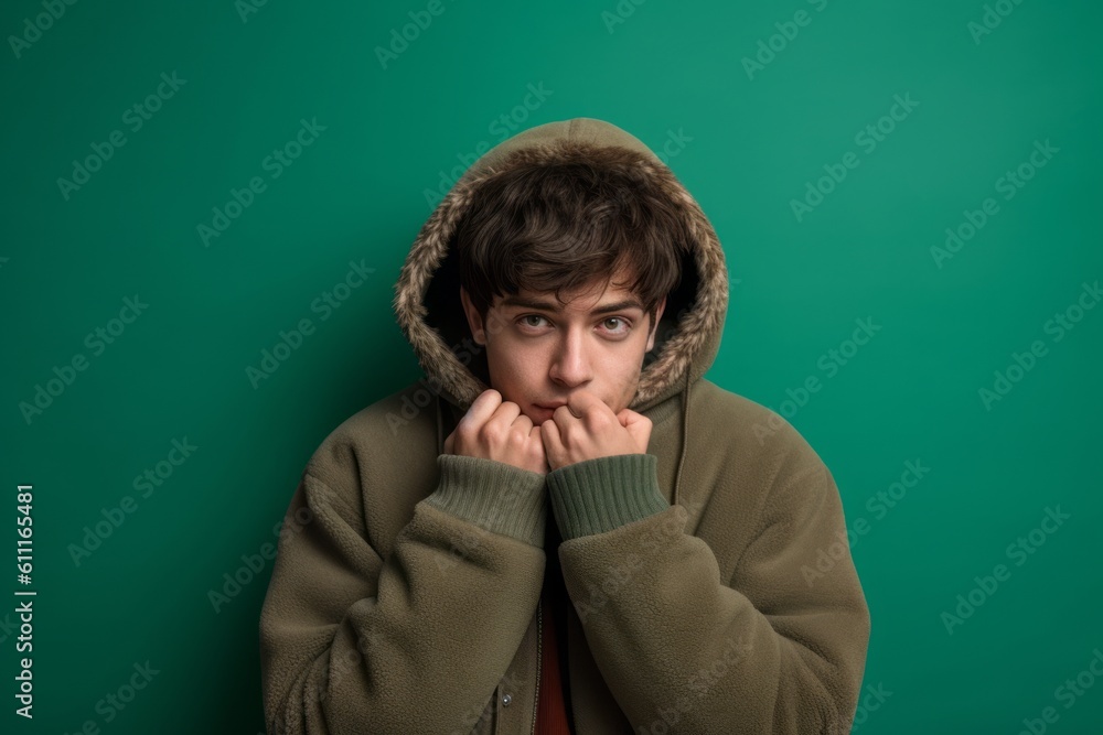 Medium shot portrait photography of a glad boy in his 20s making a i'm cold gesture by hugging oneself against a spearmint green background. With generative AI technology Medium shot portrait photography of a glad boy in his 20s making a i'm cold gesture by hugging oneself against a spearmint green background. With generative AI technology