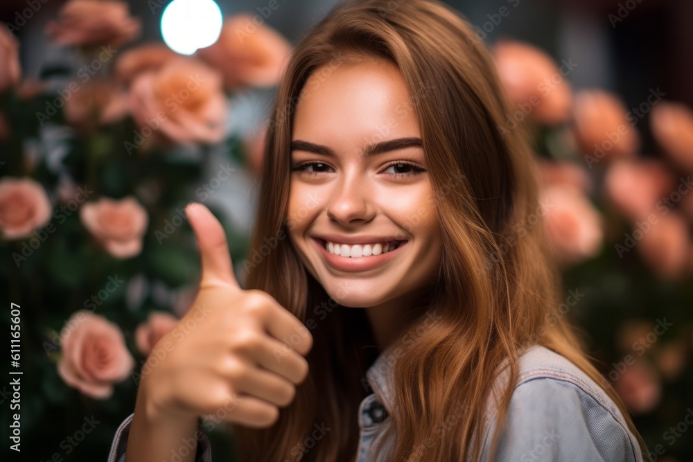 Headshot portrait photography of a happy girl in her 20s showing a thumb up against a rose gold background. With generative AI technology