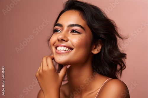 Medium shot portrait photography of a grinning girl in her 20s putting the hand on the chin as if thinking against a rose gold background. With generative AI technology