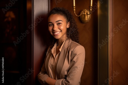 Medium shot portrait photography of a grinning girl in her 20s making a formal greeting gesture with a bow against a copper brown background. With generative AI technology